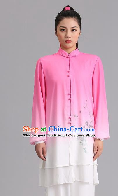 Chinese Martial Arts Painting Garments Tai Ji Competition Gradient Pink Outfits Kung Fu Tai Chi Performance Clothing