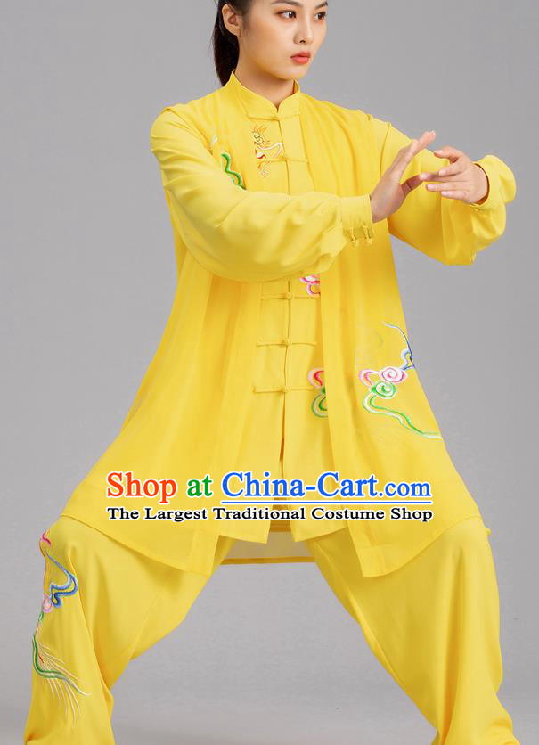 Chinese Tai Chi Performance Clothing Martial Arts Kung Fu Competition Garments Tai Ji Embroidered Clouds Yellow Outfits