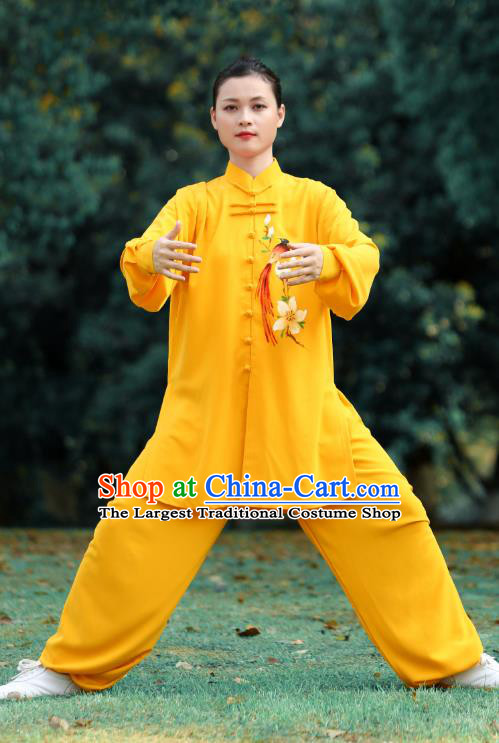 Chinese Martial Arts Kungfu Performance Garments Tai Ji Chuan Printing Flowers Bird Yellow Outfits Tai Chi Group Competition Clothing