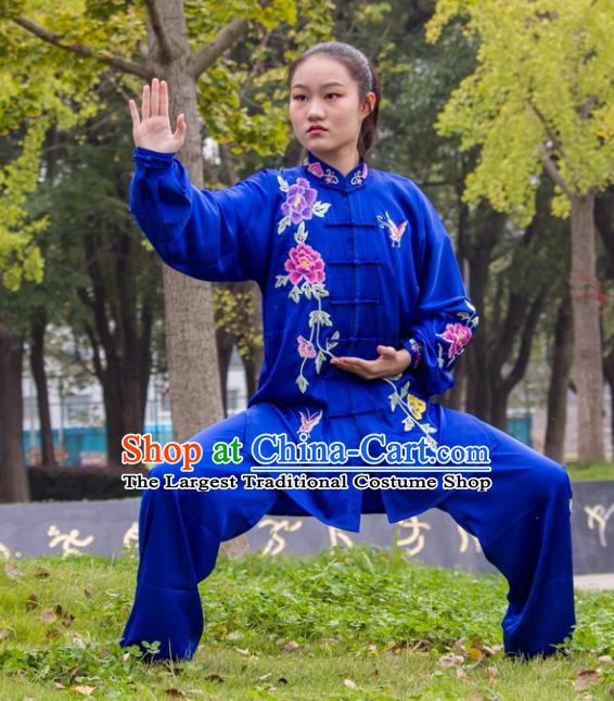 Chinese Martial Arts Competition Royalblue Outfits Kung Fu Tai Ji Embroidered Peony Clothing Tai Chi Sword Performance Suits