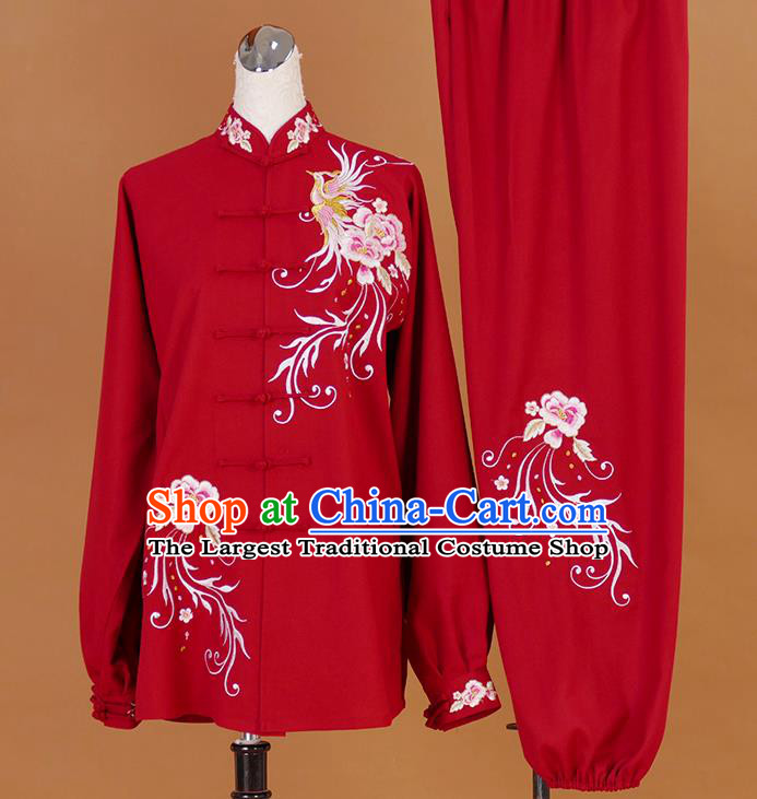 Chinese Martial Arts Competition Embroidered Phoenix Red Outfits Tai Ji Training Clothing Tai Chi Sword Performance Suits