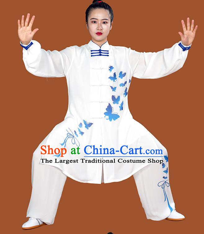 Chinese Tai Chi Performance White Suits Martial Arts Competition Printing Butterfly Outfits Kung Fu Tai Ji Training Clothing