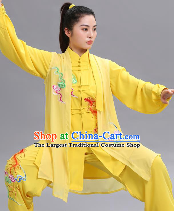 Chinese Martial Arts Performance Three Piece Garments Tai Ji Chuan Embroidered Phoenix Yellow Outfits Tai Chi Kung Fu Competition Clothing