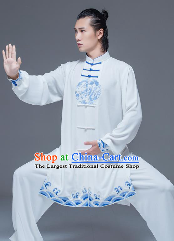 China Martial Arts Clothing Tai Ji Performance Embroidered White Suits Tai Chi Garment Costumes Wushu Training Uniforms