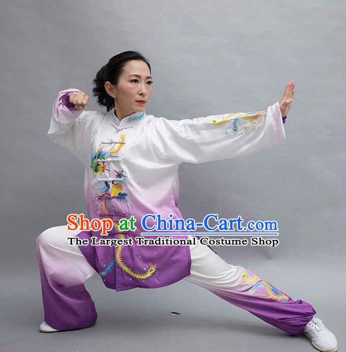 Chinese Tai Chi Performance Garment Costume Kung Fu Competition Suits Martial Arts Embroidered Phoenix Purple Outfits