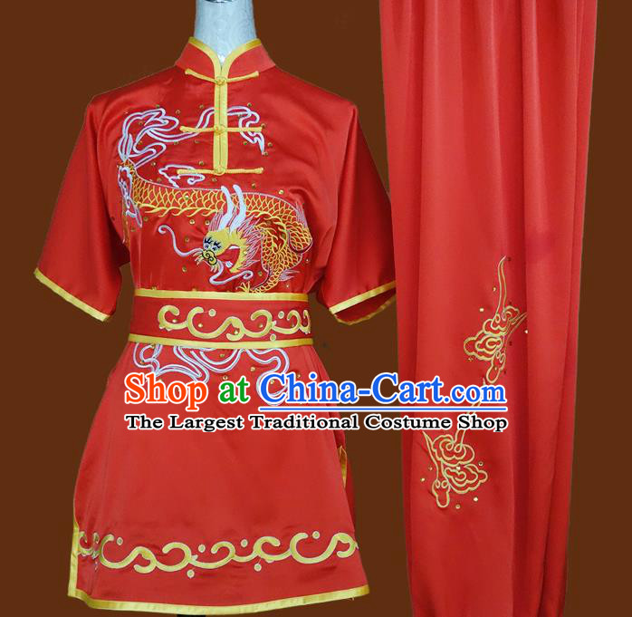 China Martial Arts Performance Garment Costumes Wu Shu Embroidered Dragon Red Suits Kung Fu Competition Uniforms