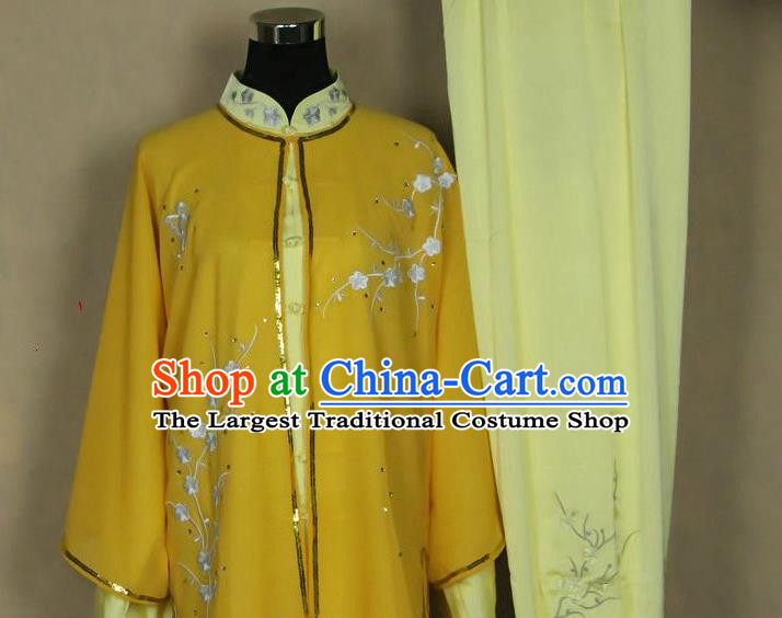 China Kung Fu Performance Yellow Outfits Wushu Martial Arts Competition Suits Tai Chi Sword Training Embroidered Plum Clothing