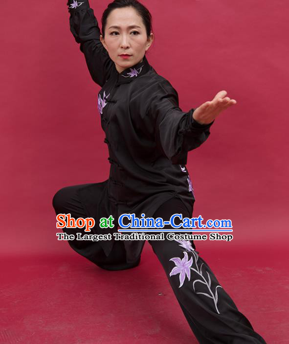 China Kung Fu Performance Black Outfits Wushu Martial Arts Competition Suits Tai Chi Spear Training Embroidered Lily Flowers Clothing