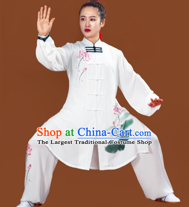 China Martial Arts Tai Ji Competition Suits Tai Chi Training Painting Lotus Clothing Kung Fu Performance White Outfits