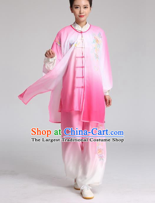 China Tai Chi Training Embroidered Clothing Kung Fu Performance Rosy Outfits Martial Arts Tai Ji Competition Suits