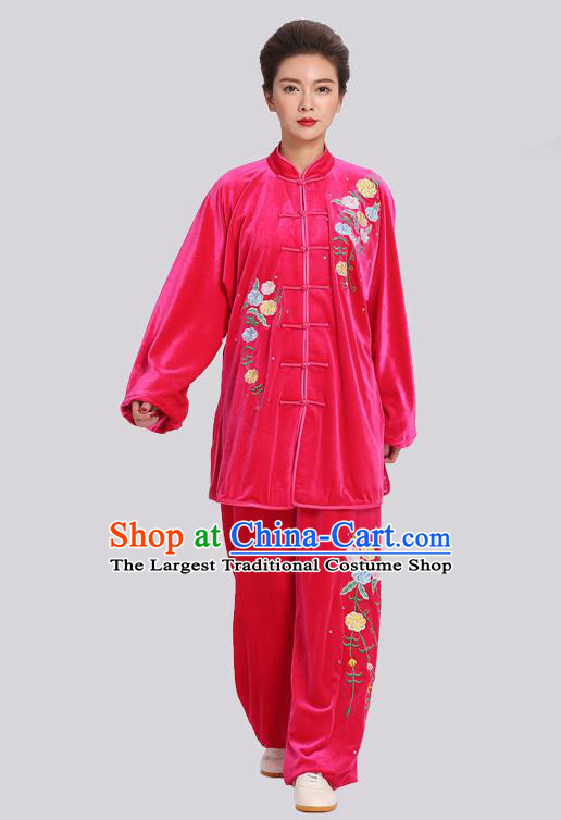 Chinese Martial Arts Embroidered Chrysanthemum Outfits Kung Fu Tai Ji Training Clothing Tai Chi Competition Rosy Velvet Suits