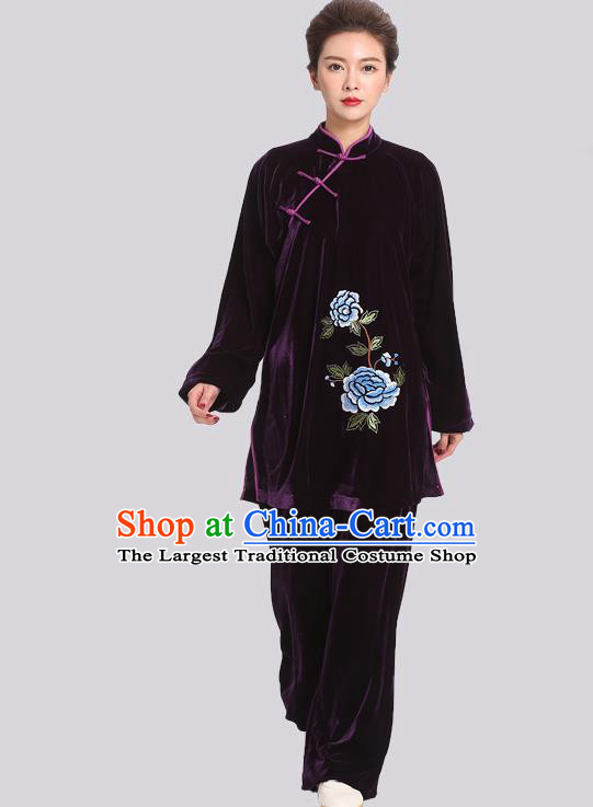 Chinese Tai Chi Competition Black Velvet Suits Martial Arts Embroidered Peony Outfits Kung Fu Tai Ji Training Clothing