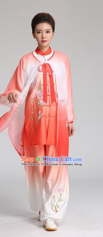 China Kung Fu Competition Outfits Martial Arts Tai Ji Performance Red Suits Tai Chi Training Embroidered Mangnolia Butterfly Clothing