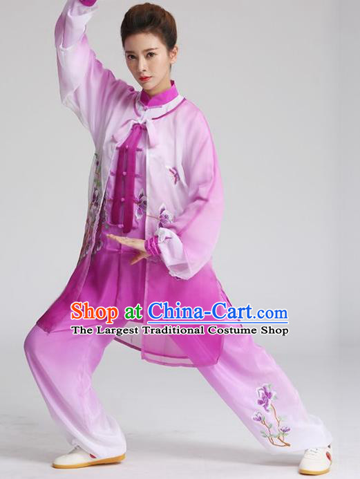 China Tai Chi Training Clothing Kung Fu Competition Outfits Martial Arts Tai Ji Embroidered Mangnolia Butterfly Purple Suits