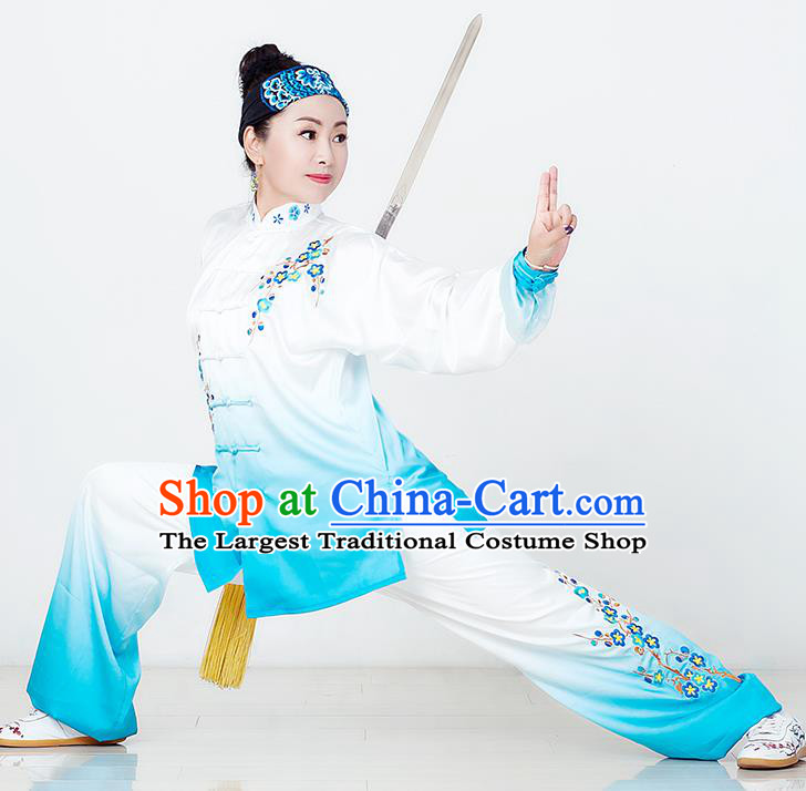 China Martial Arts Kung Fu Embroidered Plum Clothing Tai Chi Competition Blue Outfits Tai Ji Sword Performance Suits