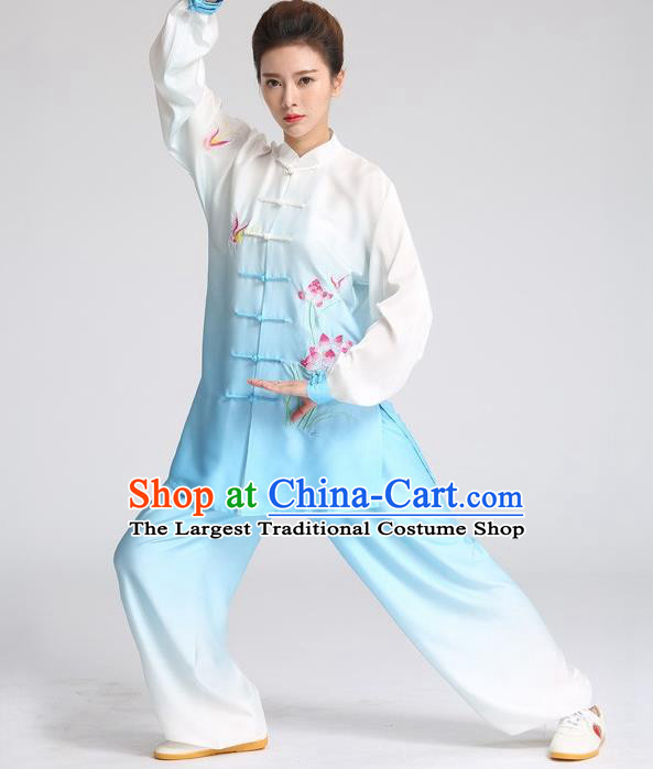 China Tai Ji Training Embroidered Lotus Blue Suits Tai Chi Martial Arts Clothing Kung Fu Competition Outfits