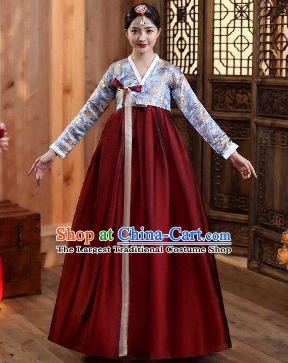 Korean Court Blue Blouse and Wine Red Dress Asian Korea Dance Outfits Traditional Wedding Dress Ancient Bride Garment Costumes