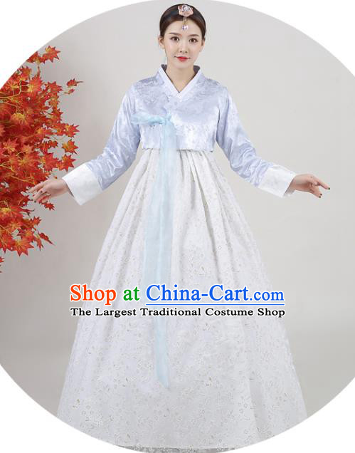 Asian Korea Classical Dance Outfits Traditional Wedding Dress Ancient Bride Garment Costumes Korean Court Hanbok Blue Blouse and White Dress