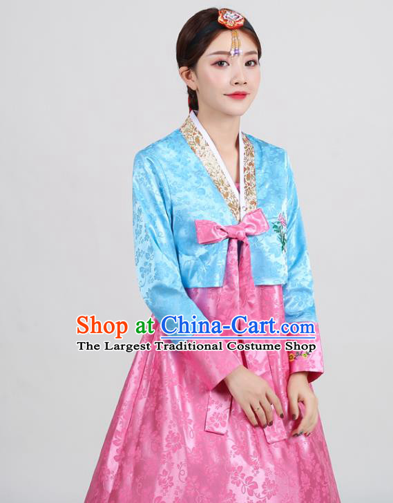 Asian Korean Ancient Court Garment Costumes Embroidered Blue Blouse and Pink Dress Traditional Wedding Hanbok Uniforms Korea Dance Clothing