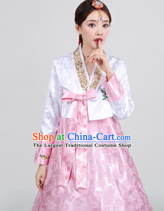 Asian Korea Embroidered White Blouse and Pink Dress Traditional Wedding Hanbok Uniforms Dance Clothing Korean Ancient Court Garment Costumes