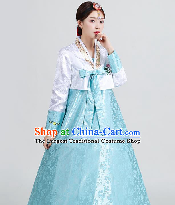 Asian Korea Traditional Wedding Hanbok Uniforms Dance Clothing Korean Ancient Court Garment Costumes Embroidered White Blouse and Blue Dress