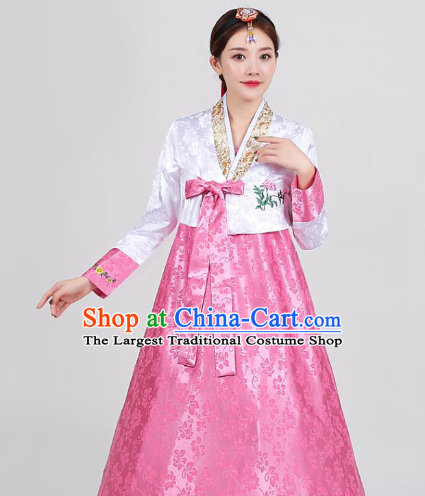 Korean Dance Clothing Ancient Court Garment Costumes Asian Korea Embroidered White Blouse and Rosy Dress Traditional Wedding Hanbok Uniforms