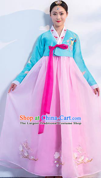 Asian Embroidered Blue Blouse and Pink Dress Korean Traditional Hanbok Uniforms Korea Ancient Court Dance Clothing