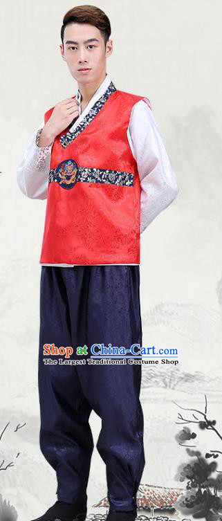 Korea Court Clothing Korean Prince Red Vest White Shirt and Navy Pants Costumes Traditional Male Wedding Hanbok Suits