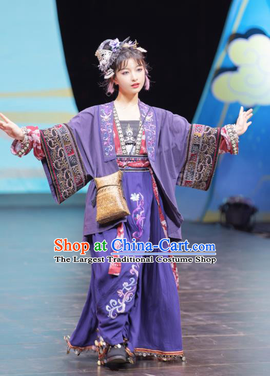 China Traditional Song Dynasty Miao Territory Princess Historical Clothing Ancient Young Beauty Purple Hanfu Dress Garments