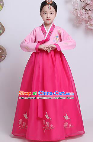 Asian Korea Traditional Girl Hanbok Clothing Korean Court Princess Garment Costumes Children Embroidered Pink Blouse and Rosy Dress