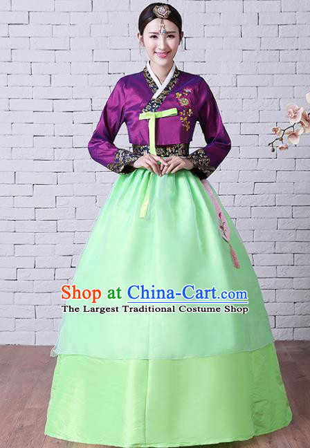 Asian Classical Embroidered Purple Blouse and Green Dress Korean Court Hanbok Traditional Bride Fashion Garments Korea Wedding Clothing