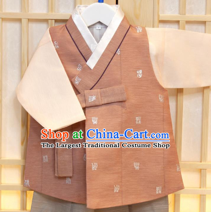 Korea Children Garment Costumes Korean Boys Prince Birthday Hanbok Traditional Fashion Clothing Orange Vest Beige Shirt and Grey Pants