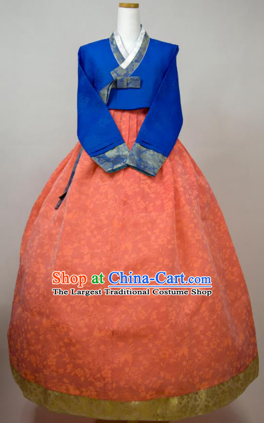 Korean Traditional Festival Clothing Elderly Woman Hanbok Royalblue Blouse and Red Dress Wedding Bride Mother Fashion Costumes