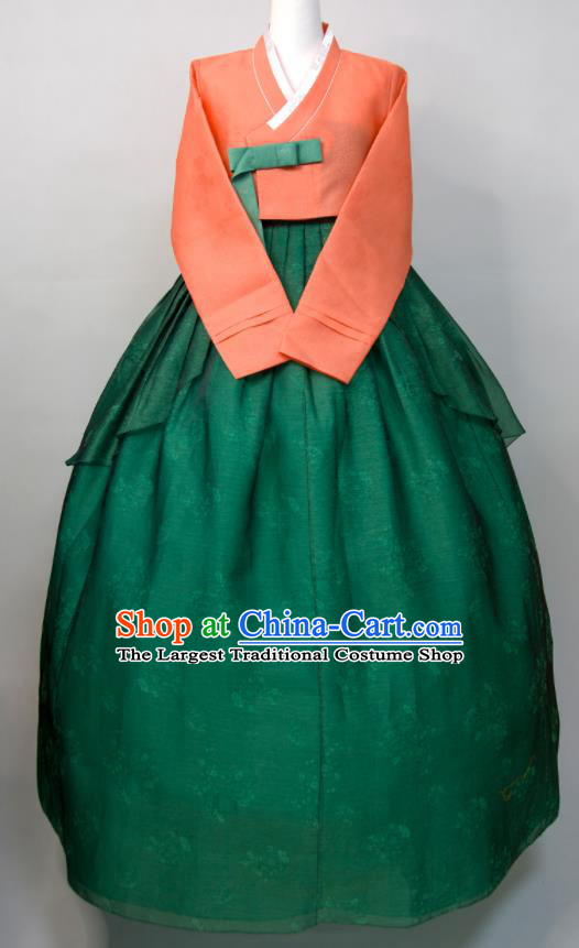 Korean Traditional Festival Celebration Clothing Court Woman Hanbok Orange Blouse and Green Dress Wedding Bride Fashion Costumes