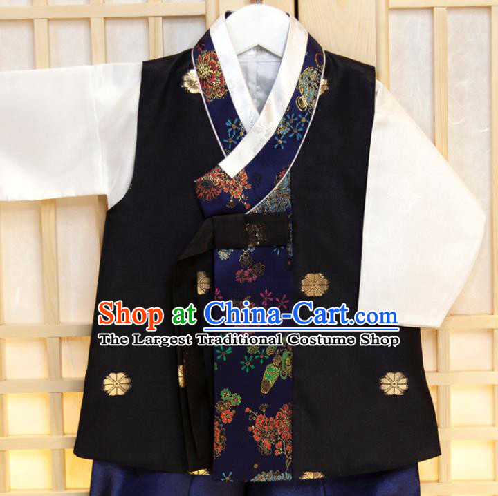 Korean Boys Prince Birthday Fashion Hanbok Clothing Children Black Vest White Shirt and Navy Pants Korea Traditional Garment Costumes