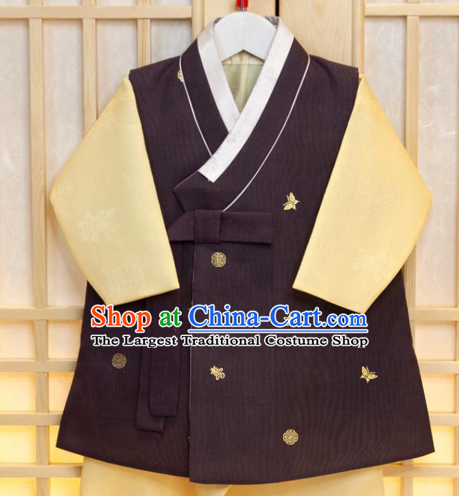 Korean Traditional Hanbok Clothing Korea Children Garment Purple Vest Yellow Shirt and Pants Boys Prince Birthday Fashion Costumes