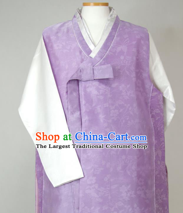 Korean Young Male Hanbok Violet Long Vest White Shirt and Navy Pants Traditional Costumes Korea Classical Wedding Bridegroom Clothing