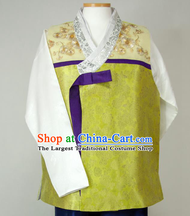 Korea Bridegroom Clothing Wedding Hanbok Young Man Yellow Shirt and Navy Pants Korean Traditional Festival Costumes