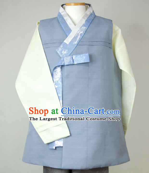 Korea Traditional Festival Costumes Bridegroom Clothing Korean Wedding Hanbok Young Man Blue Vest Beige Shirt and Grey Pants