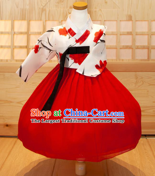 Korea Traditional Garment Costumes Children Hanbok Clothing Korean Princess Fashion Girl Festival Printing White Shirt and Red Dress