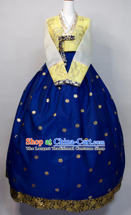 Korean Traditional Wedding Costumes Court Bride Hanbok Festival Ceremony Clothing Woman Fashion Yellow Blouse and Royalblue Dress