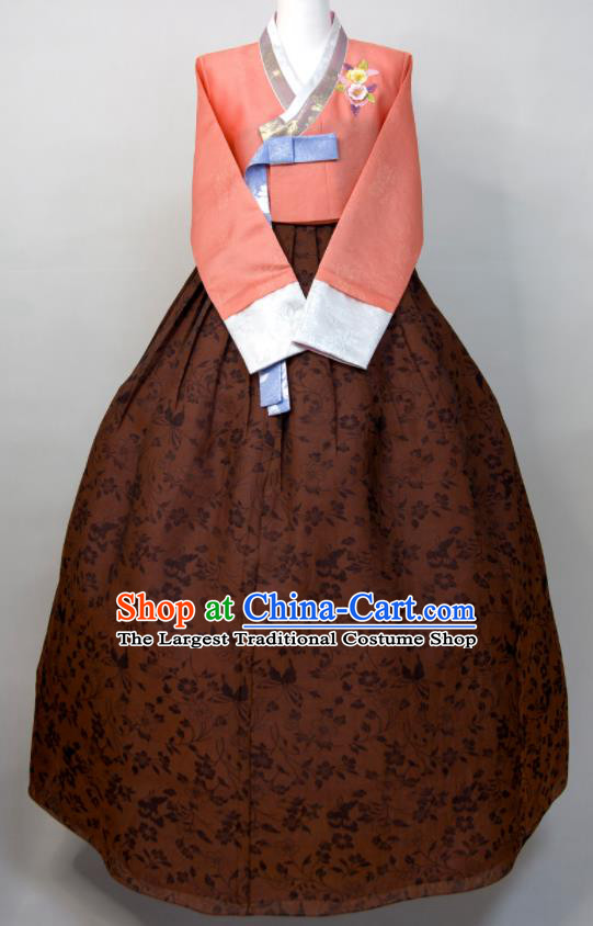 Korean Wedding Bride Costumes Court Ceremony Hanbok Festival Clothing Woman Traditional Fashion Orange Blouse and Brown Dress