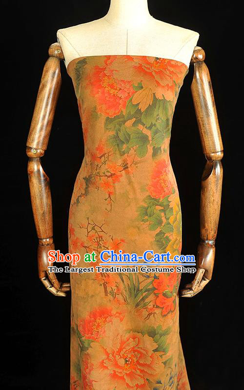 Chinese Ginger Gambiered Guangdong Gauze Cheongsam Silk Cloth Traditional Rich Peony Pattern DIY Dress Fabric