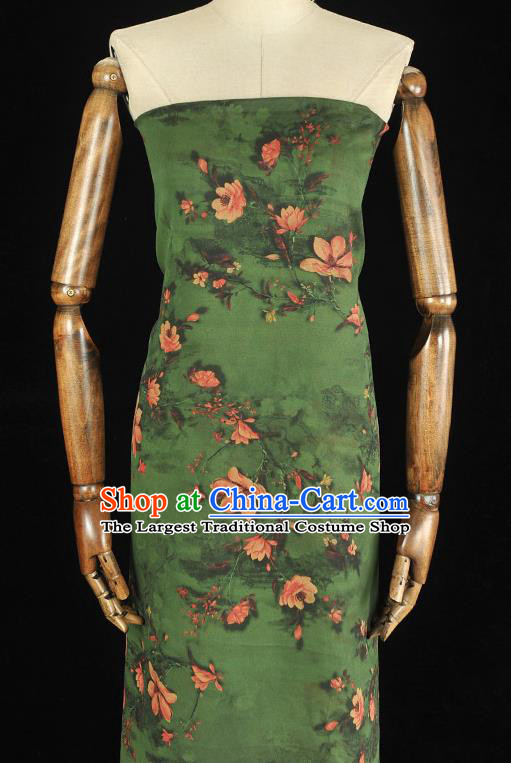 Chinese Deep Green Gambiered Guangdong Gauze Cheongsam Silk Cloth Traditional Mangnolia Pattern DIY Fabric