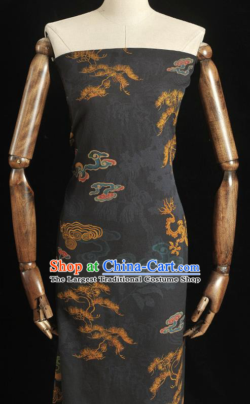 Chinese Cheongsam Silk Cloth Black Gambiered Guangdong Gauze Traditional Dragon Phoenix Pattern Dress Fabric