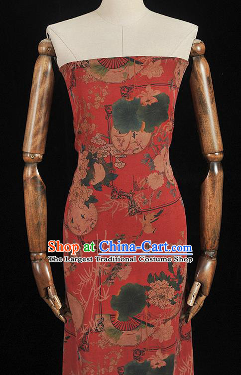 Chinese Traditional Peony Fan Pattern Dress Fabric Cheongsam Silk Cloth Top Quality Red Gambiered Guangdong Gauze