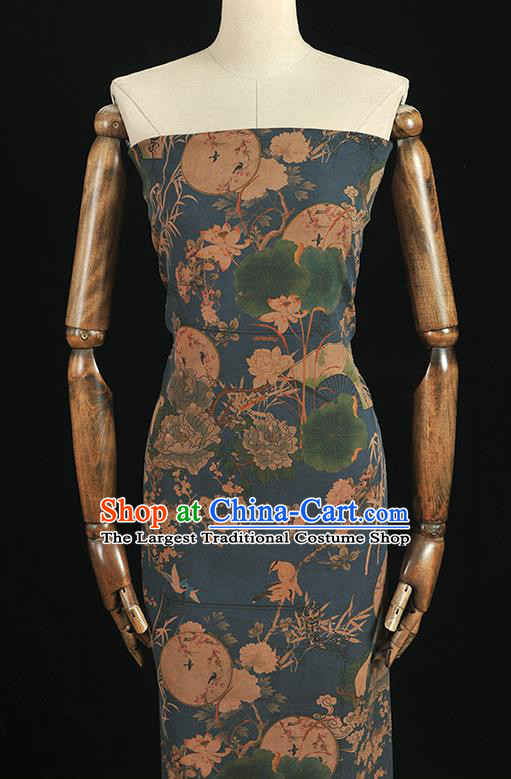 Chinese Cheongsam Silk Cloth Top Blue Gambiered Guangdong Gauze Traditional Peony Fan Pattern Dress Fabric