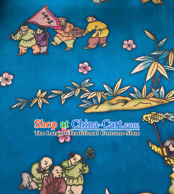 Chinese Blue Gambiered Guangdong Gauze Material Traditional Qipao Dress Hand Painting Drapery Silk Fabric Classical Boys Pattern Brocade Cloth