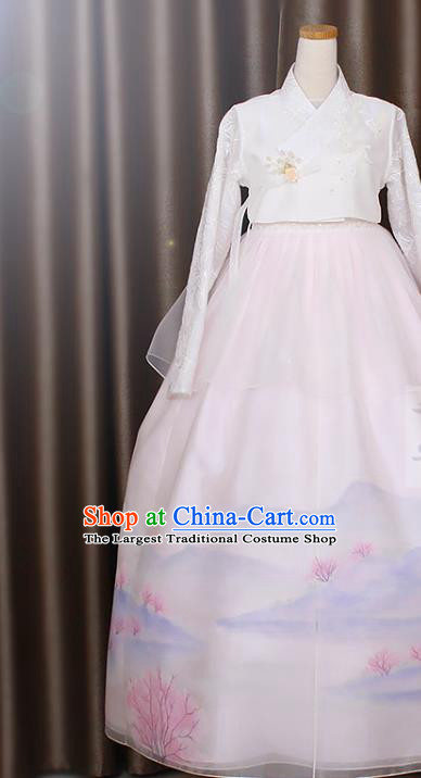 Asian Korea Traditional Fashion Garments Korean Court Princess Hanbok Clothing Bride White Blouse and Printing Dress