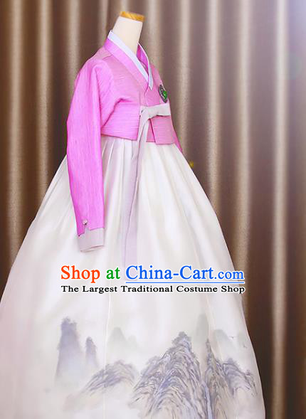 Asian Korea Bride Rosy Blouse and Printing Dress Traditional Fashion Garments Korean Court Princess Hanbok Clothing